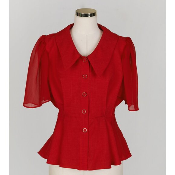 Chiffon Wing Sleeves Peplum Blouse in Red (Belt Set) - Picture 6 of 9